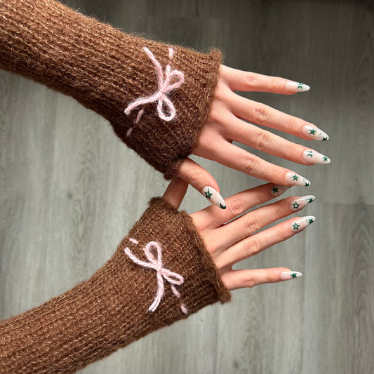 Handmade knitted mohair bow gloves in brown & baby pink - with thumb hole
