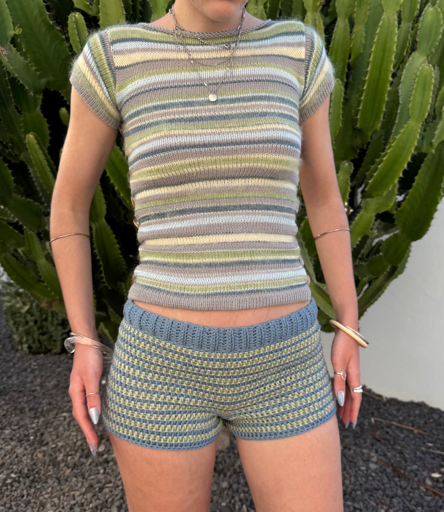 Handmade denim blue and green striped cotton crochet shorts (pre made in size S)