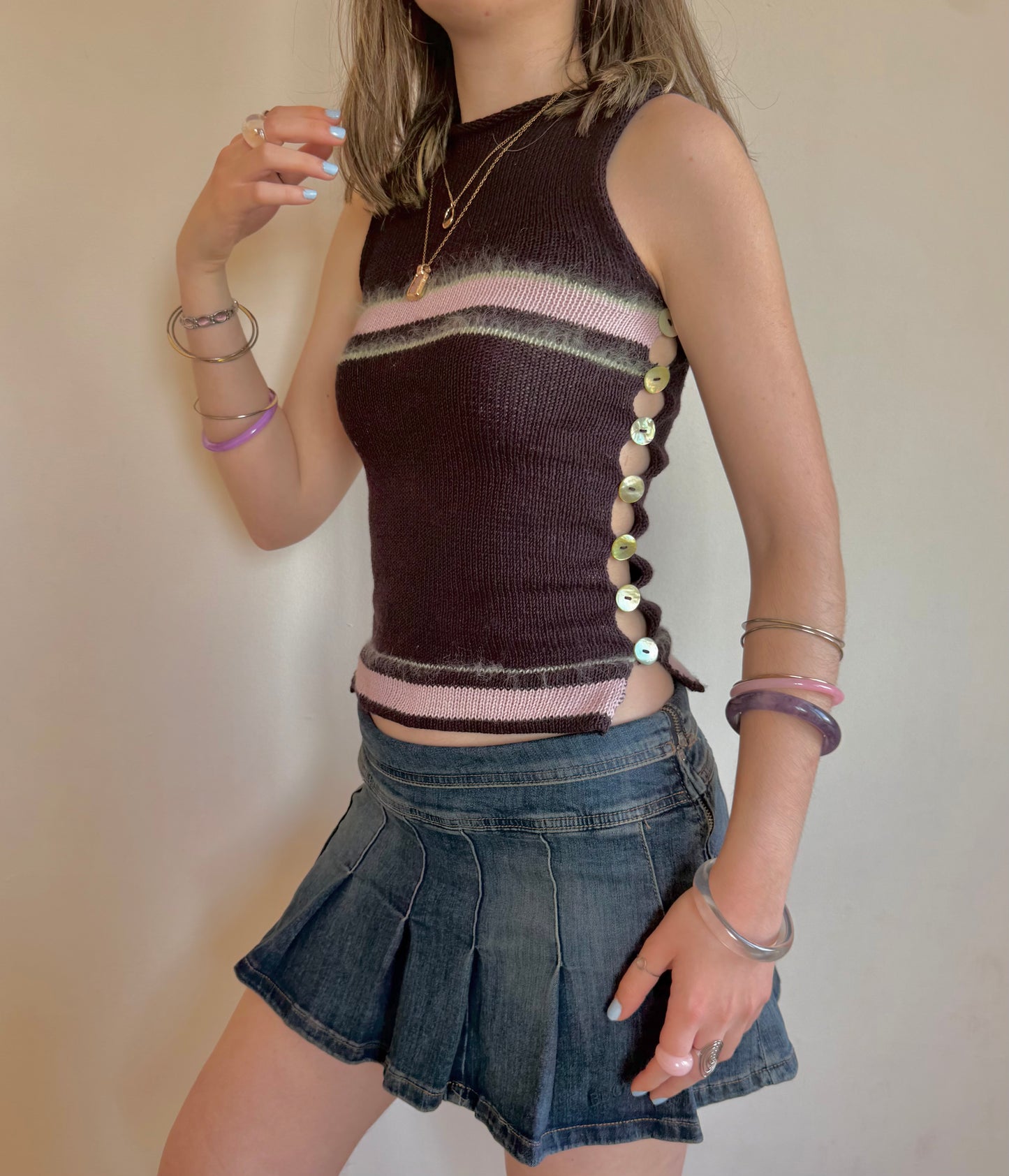 Striped Pearl Vest in plum purple with green mother of pearl buttons (pre made in S)