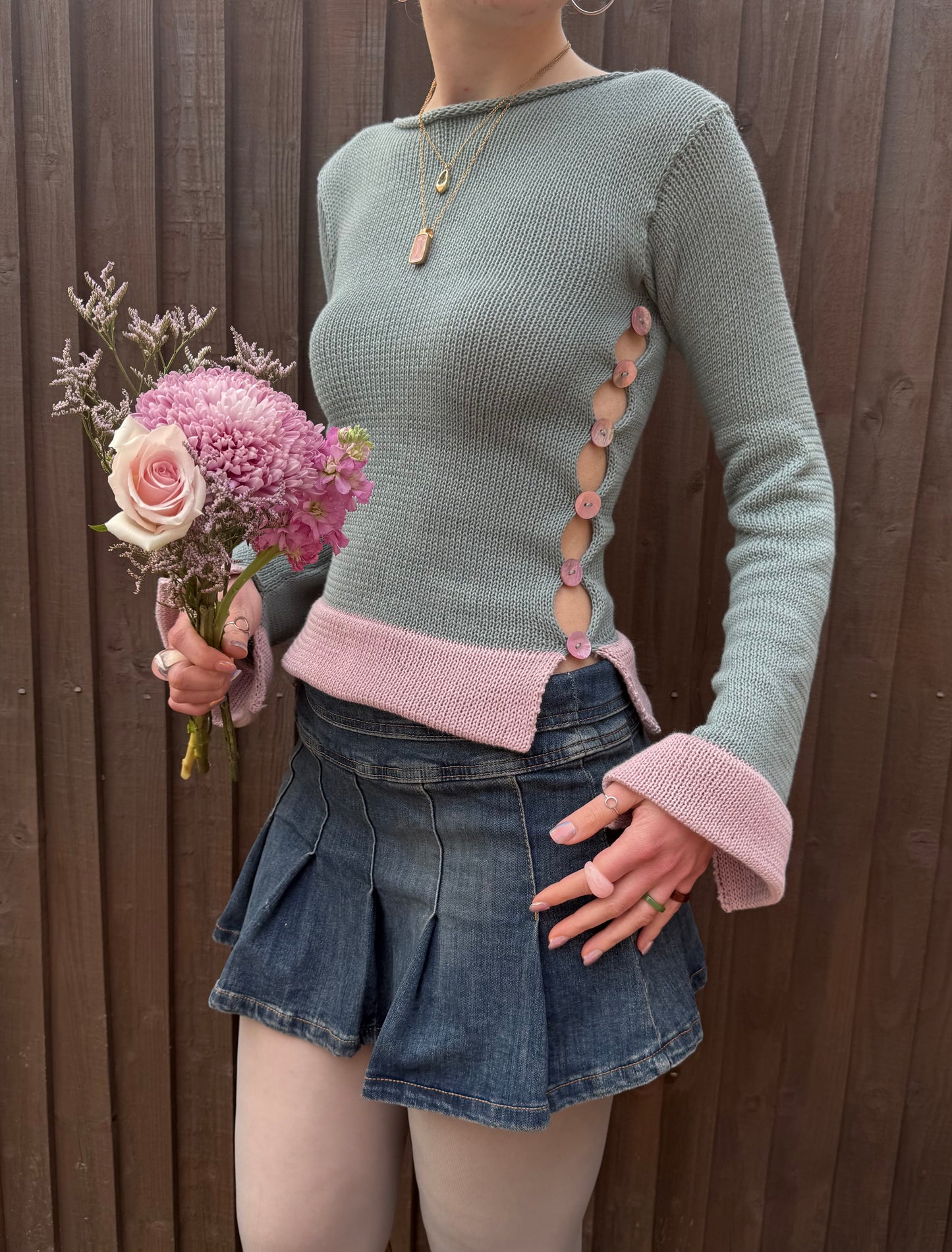 Colour block Pearl long sleeve in sage green & dusky pink - limited edition