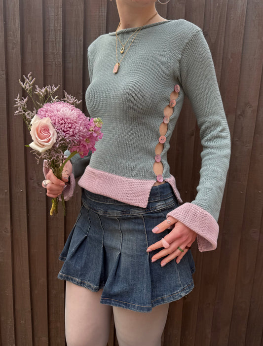 Colour block Pearl long sleeve in sage green & dusky pink