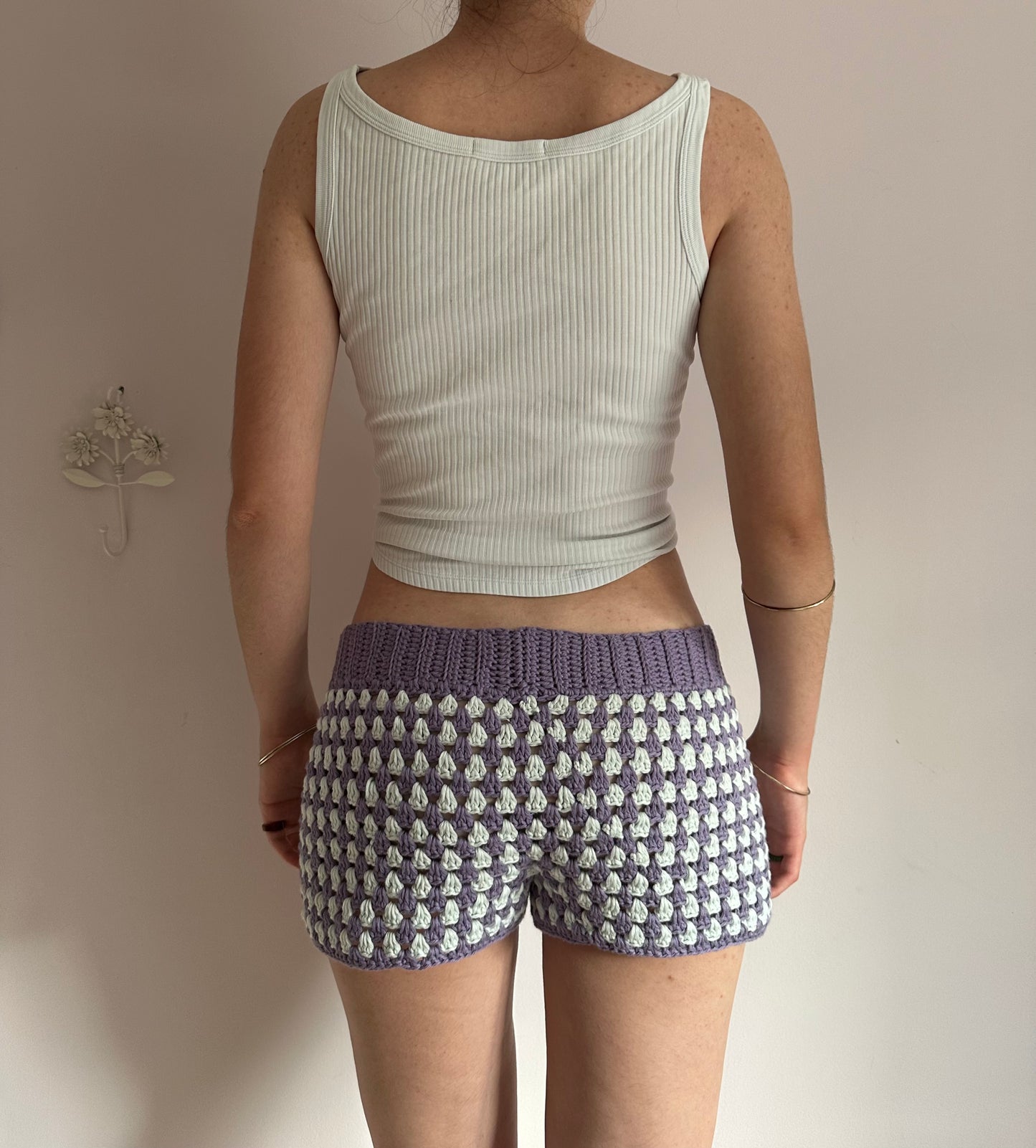 Handmade gingham crochet shorts in purple and duck egg blue (pre made in L)