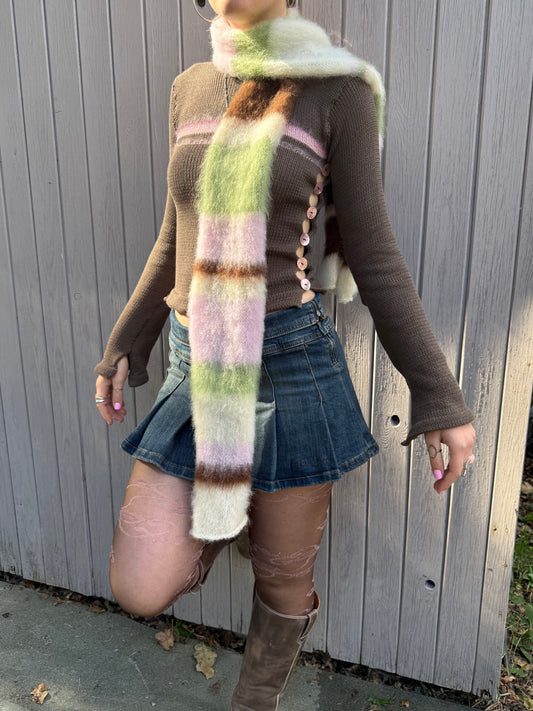 Handmade cream, light green, brown and baby pink fluffy striped scarf - choose full width or skinny 🌸 (made to order)