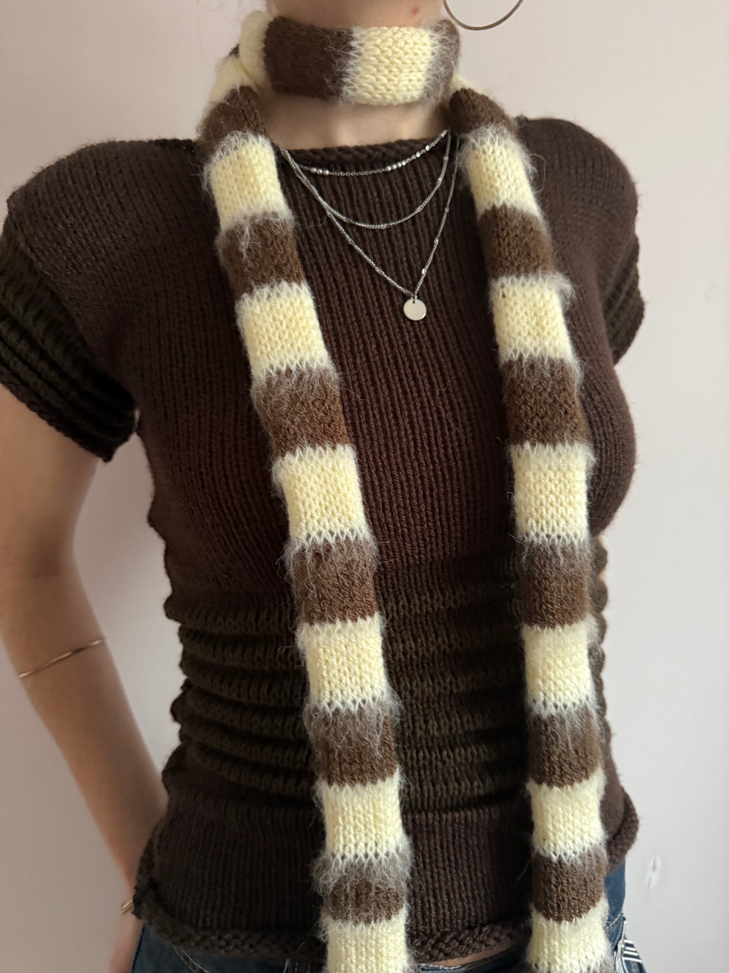 Handmade knitted brown and light yellow mohair striped skinny scarf