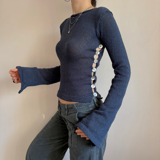 Pearl Long Sleeve in navy blue - handmade knit jumper with mother of pearl buttons