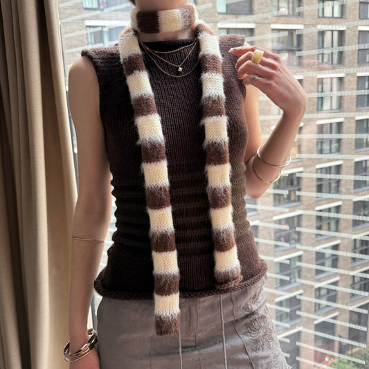 Handmade knitted brown and light yellow mohair striped skinny scarf