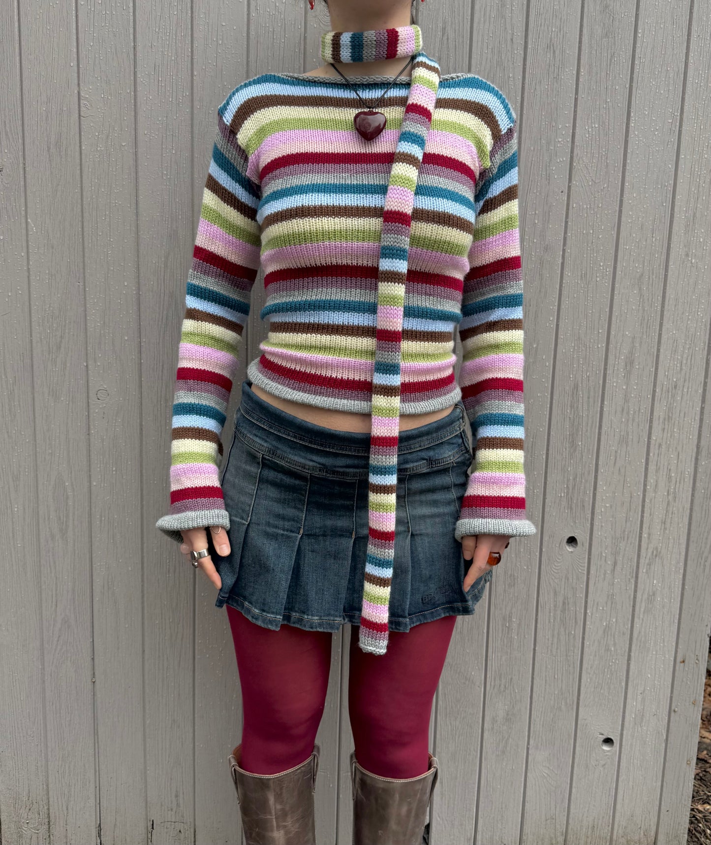 Handmade multicoloured striped knitted jumper with flared sleeves - made to order