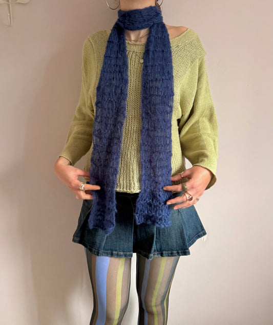 Handmade mohair fishnet knitted scarf in navy blue