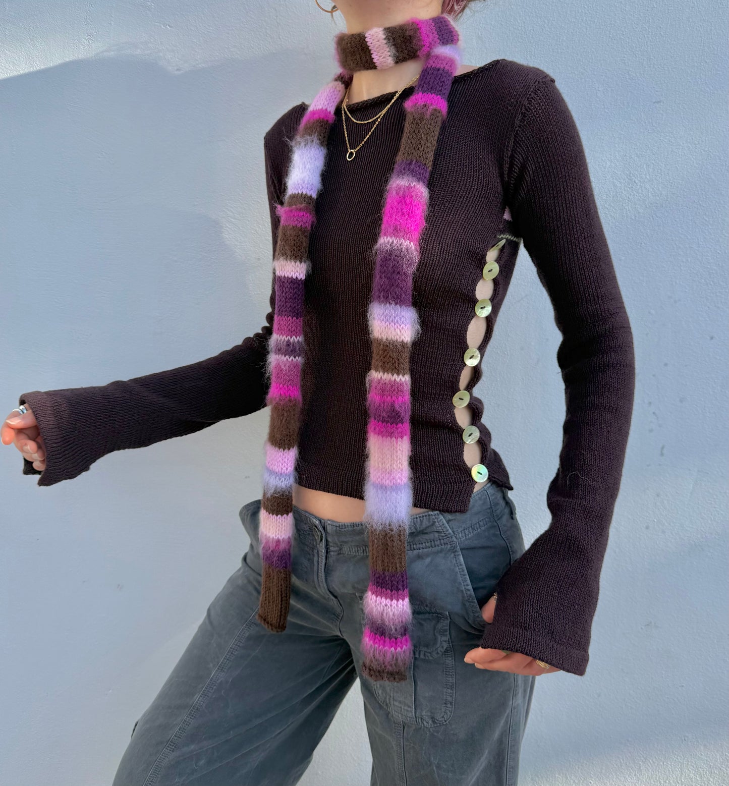 Purple, pink and brown handmade knitted mohair striped skinny scarf - pre made