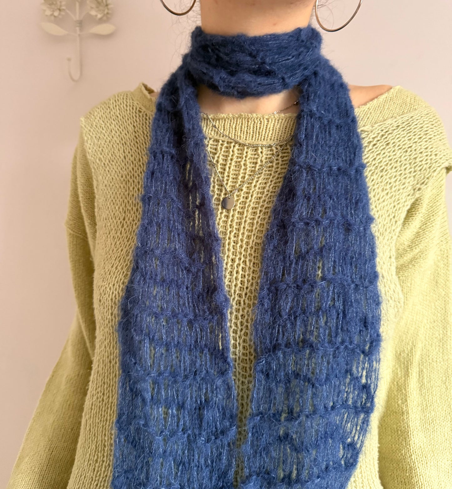 Handmade mohair fishnet knitted scarf in navy blue