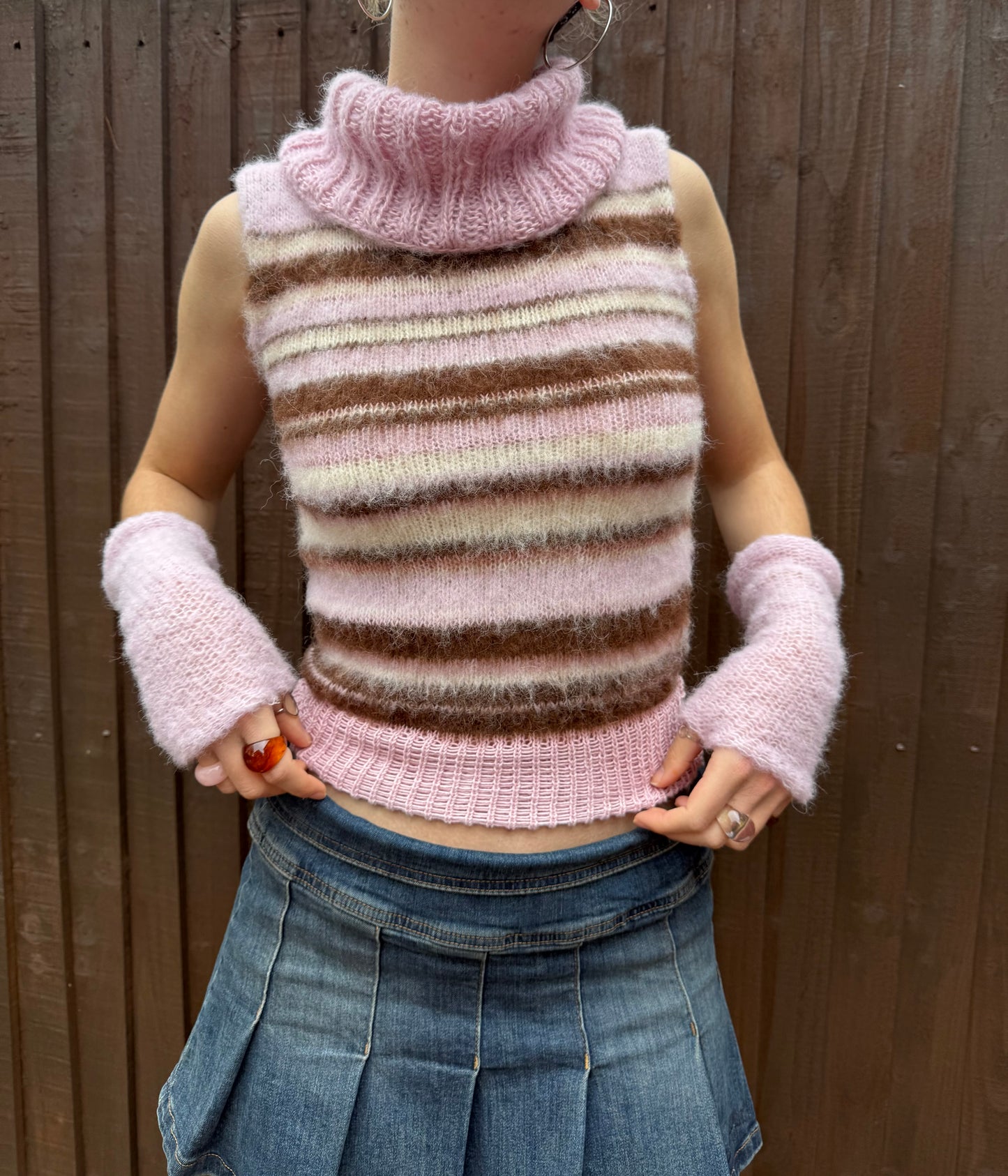 The Neapolitan Ice Cream Vest - brown, cream & baby pink fluffy striped turtleneck knit vest
