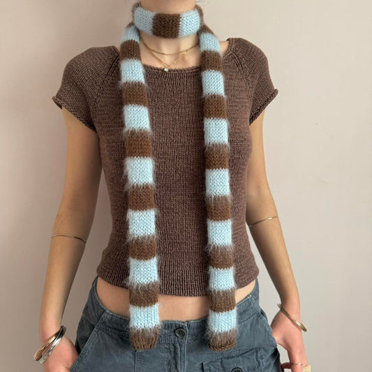READY BEFORE CHRISTMAS (INTERNATIONAL) - handmade knitted brown and baby blue mohair striped skinny scarf