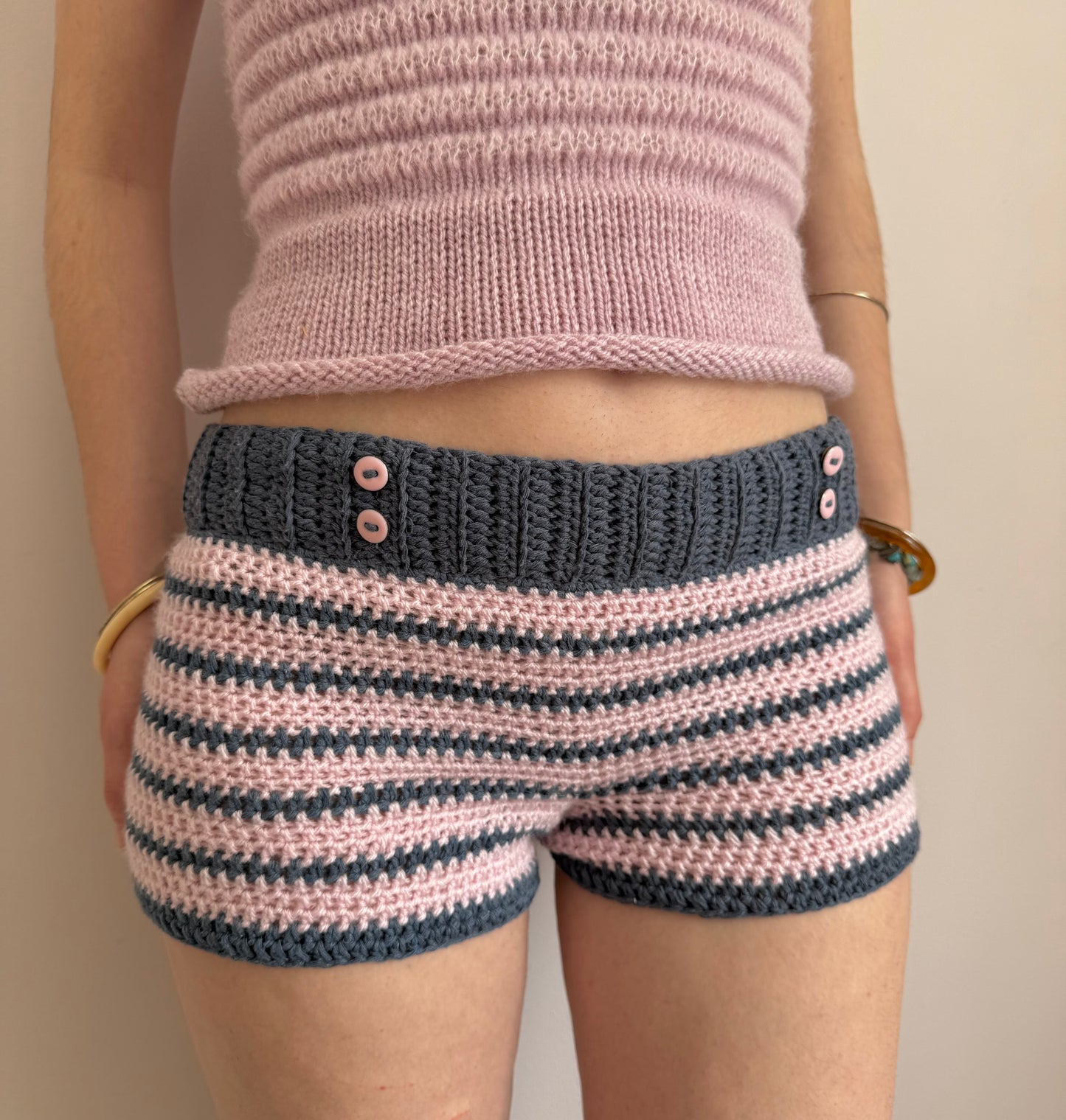 1 of 1 navy & baby pink striped crochet button shorts (pre made in size S)