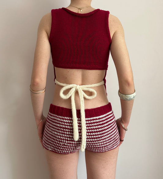 The Cherry Set - matching striped crochet shorts and knit vest (choose with/without bow)