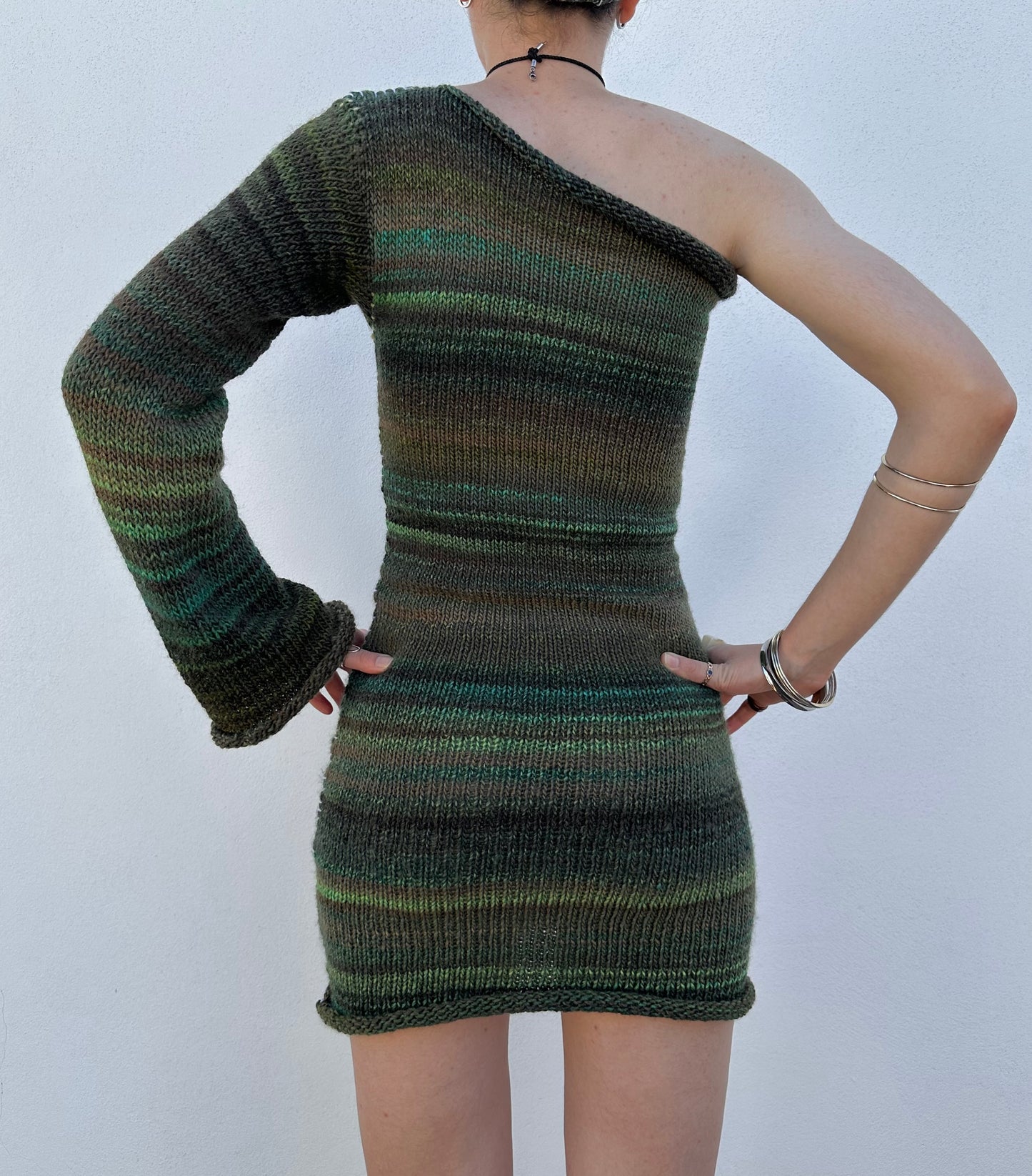Green ombré one sleeve knitted mini dress (pre made in S)