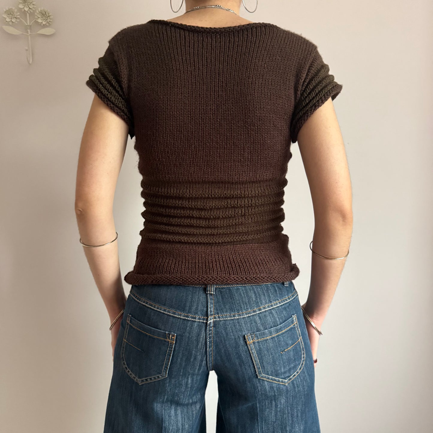 The Ripple Tee in brown - handmade shirred top with puff sleeves (pre made in size M)