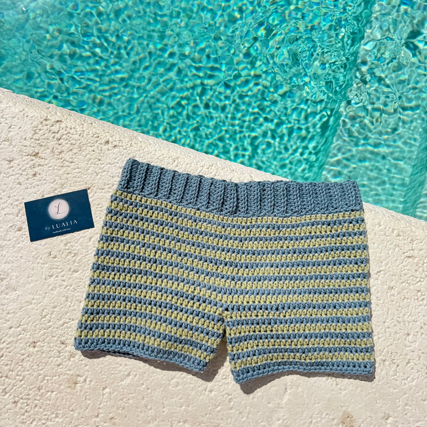 Handmade denim blue and green striped cotton crochet shorts (pre made in size S)