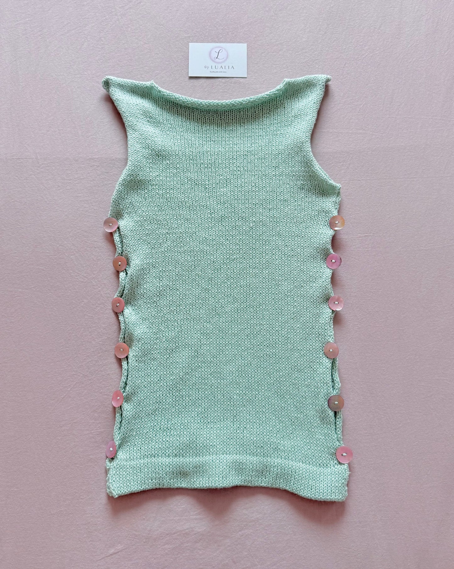 The Pearl Vest in mint green - with pink mother of pearl buttons
