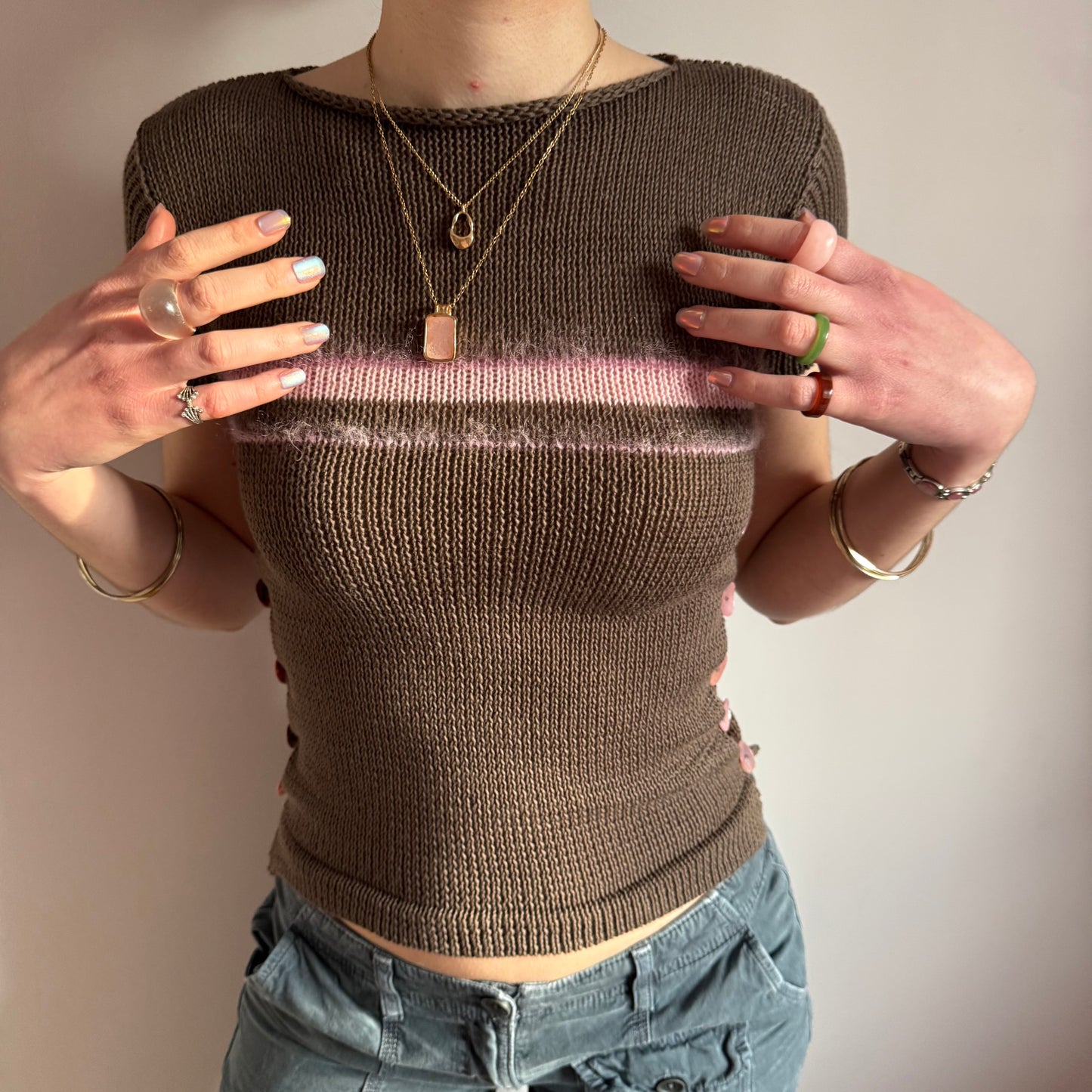 Pearl Tee in mocha - handmade striped knit tee with pink mother of pearl buttons