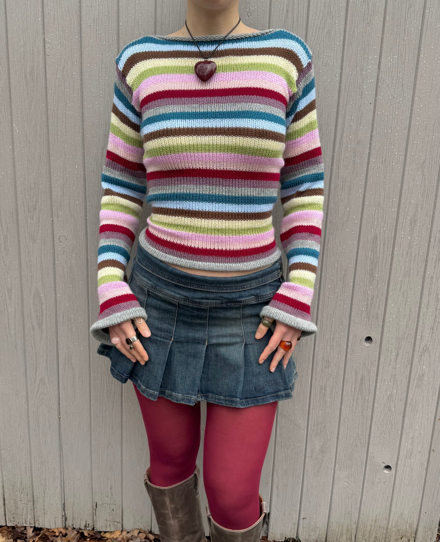 Handmade multicoloured striped knitted jumper with flared sleeves - made to order