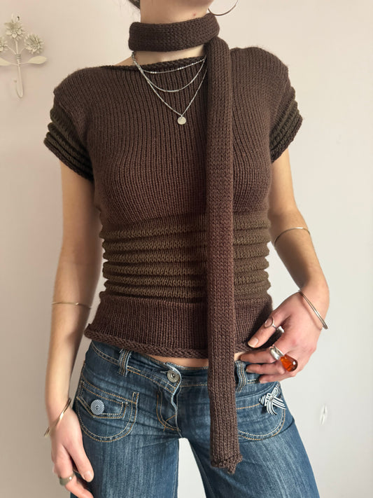 Handmade knitted skinny scarf in dark brown