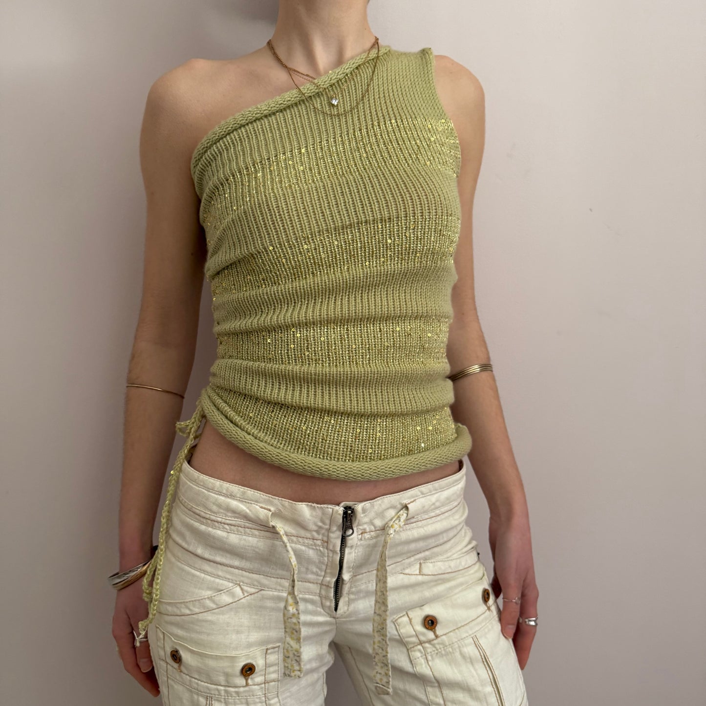Handmade sparkly draped one shoulder knit top in matcha green