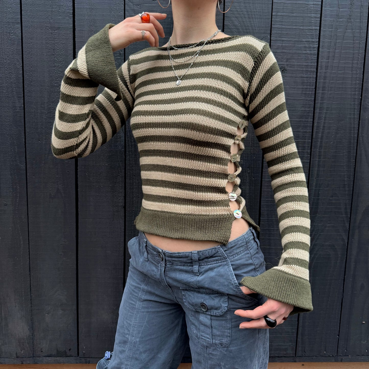 Pearl Long Sleeve in striped khaki & beige - handmade knit jumper with abalone shell buttons