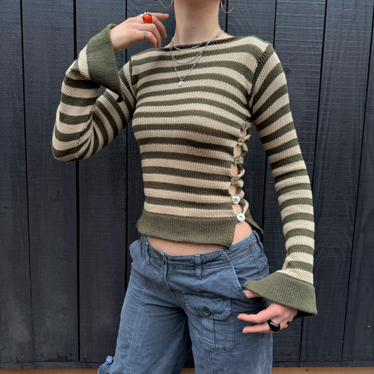 Pearl Long Sleeve in striped khaki & beige - handmade knit jumper with abalone shell buttons