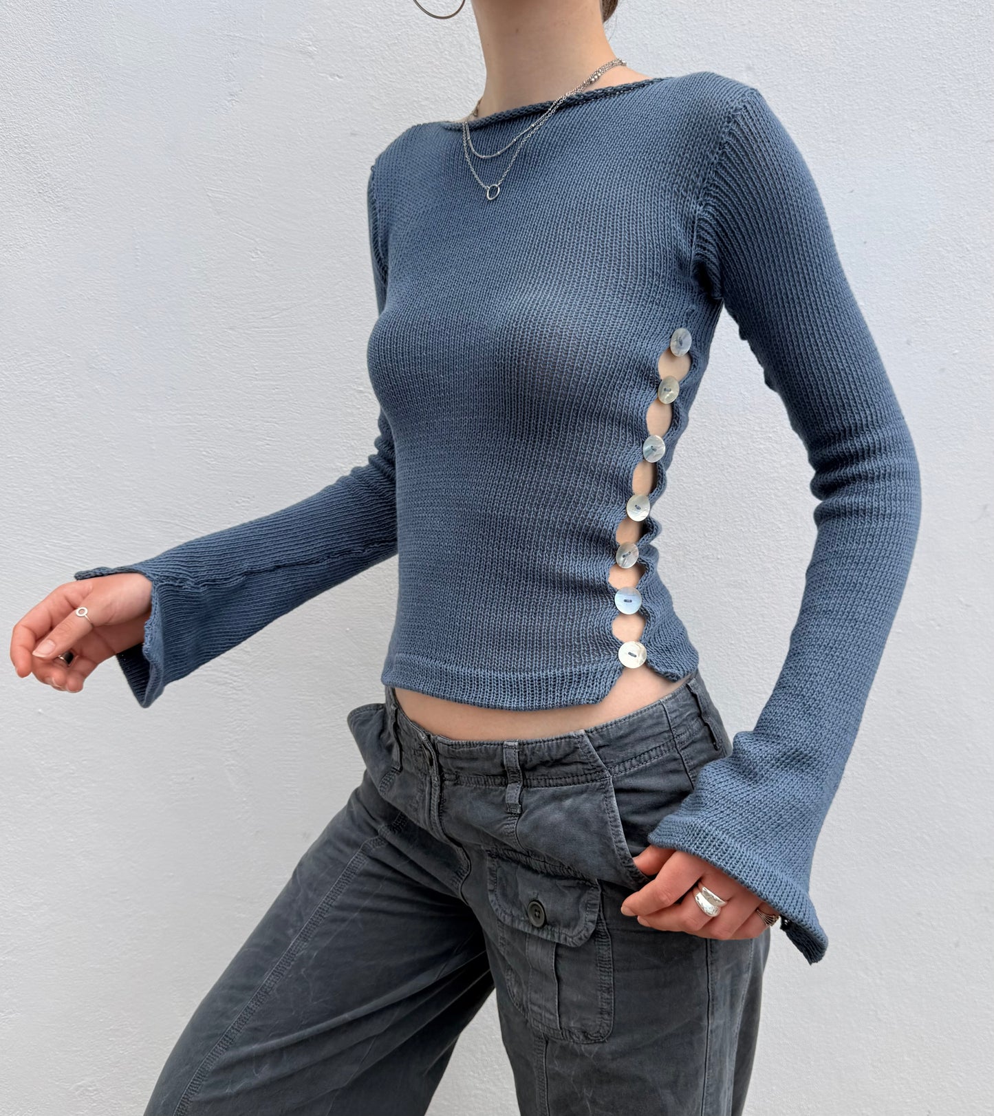 Pearl Long Sleeve in denim blue - handmade knit jumper with mother of pearl buttons