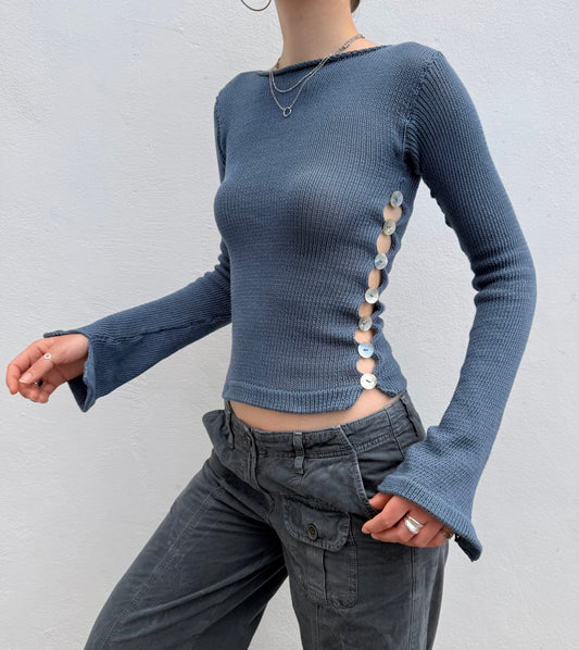 Pearl Long Sleeve in denim blue - handmade knit jumper with mother of pearl buttons