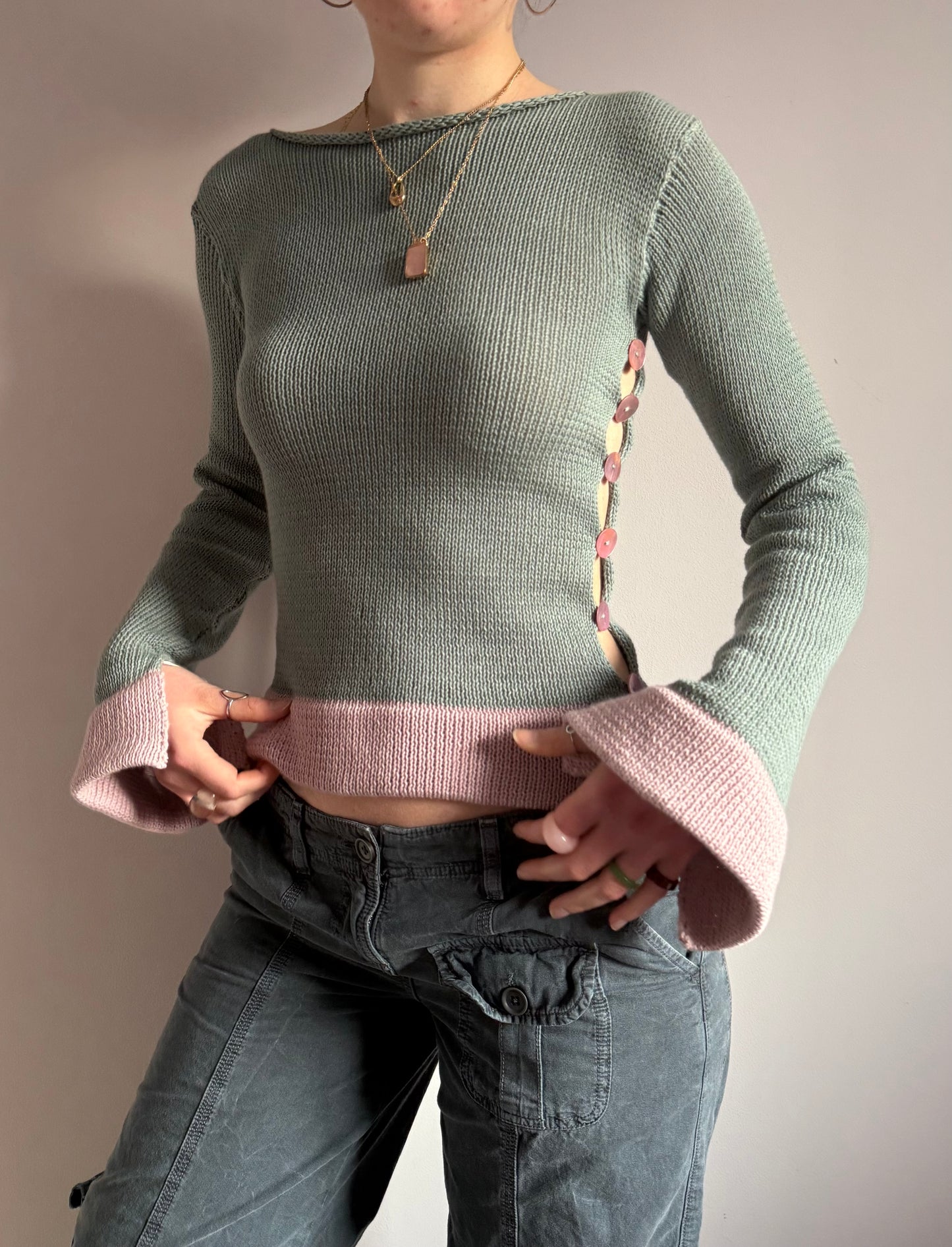 Colour block Pearl long sleeve in sage green & dusky pink - limited edition