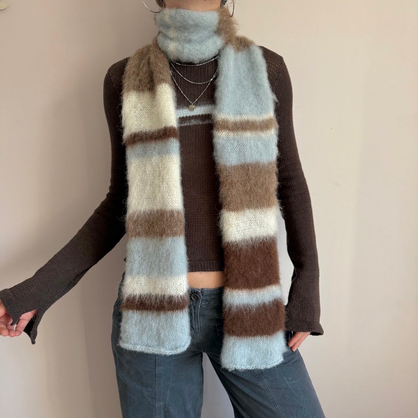 Handmade fluffy baby blue, cream and brown striped scarf - made to order