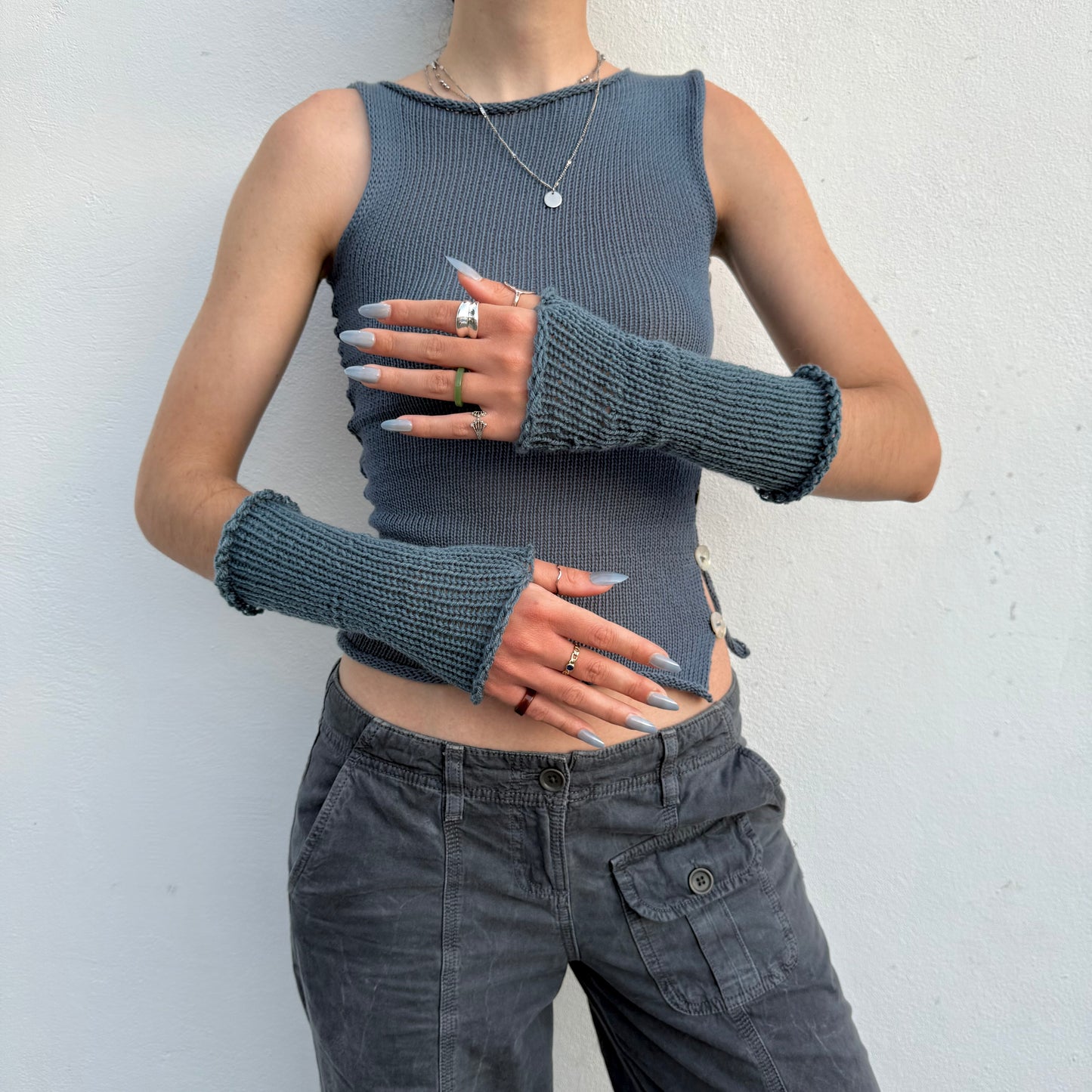 Handmade knitted blue hand warmers - pre made