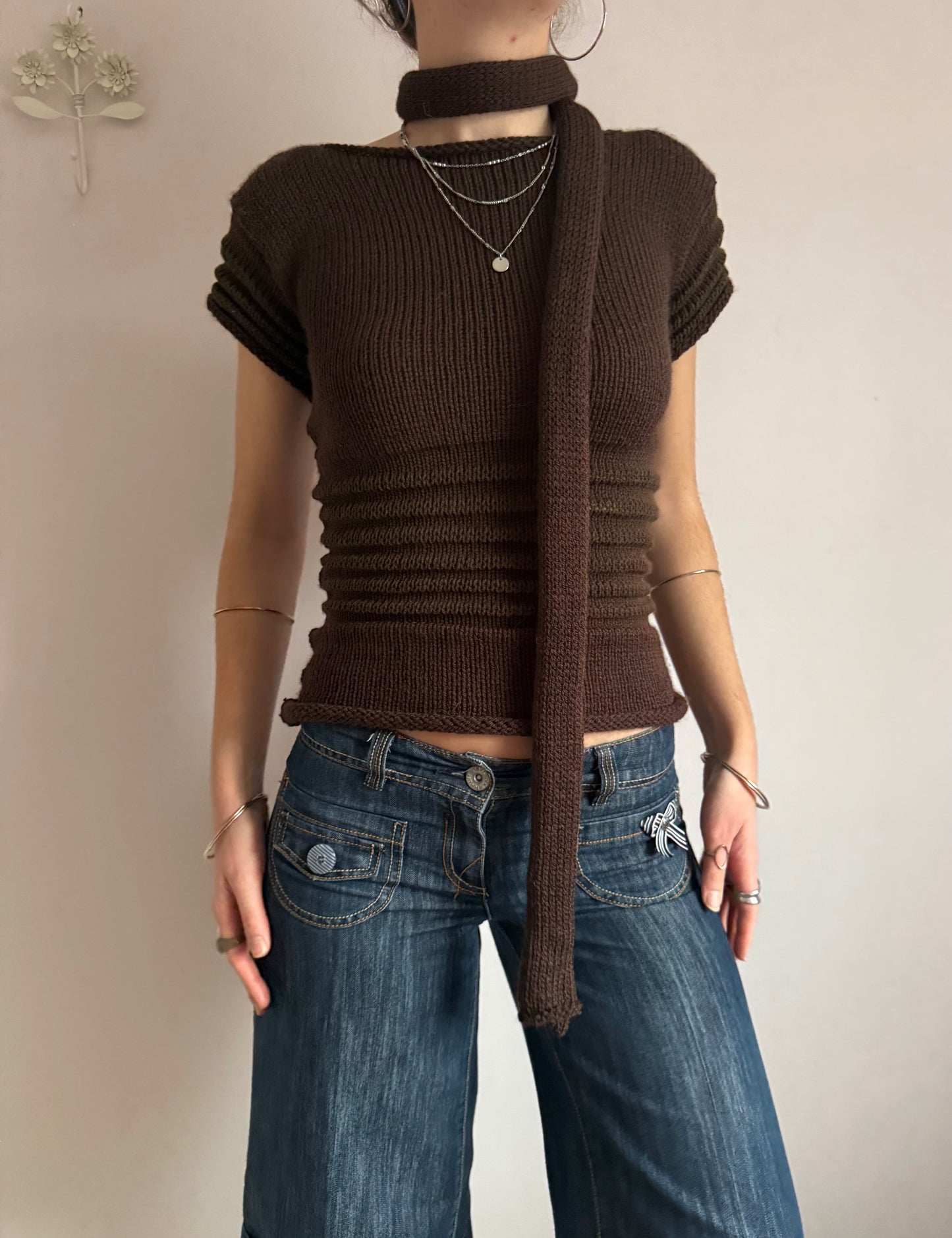 Handmade knitted skinny scarf in dark brown