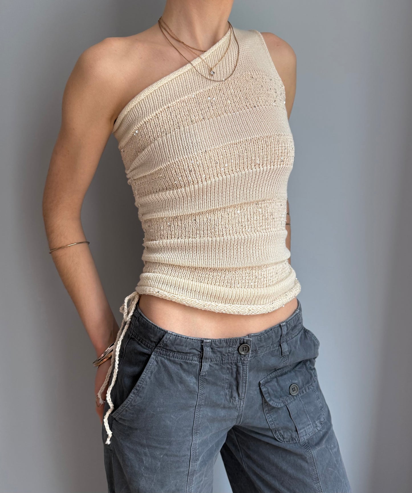 Handmade sequin draped one shoulder knit top in cream - cotton