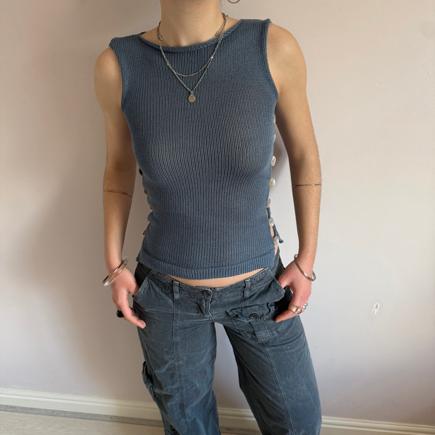 The Pearl Vest in denim blue - choose from 2 design options (pre made in M with buttons on 1 side)
