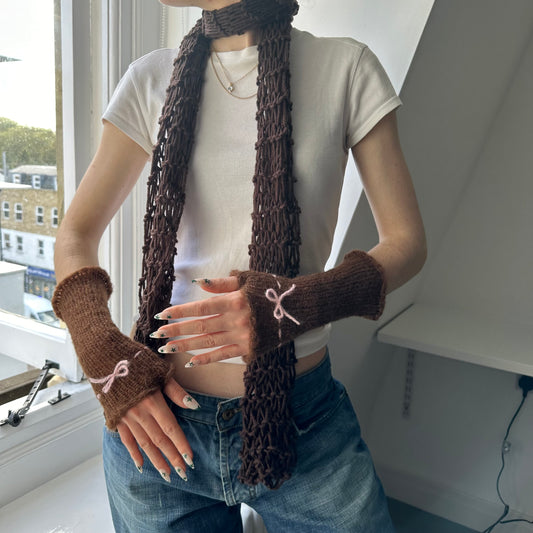 Handmade knitted mohair bow gloves in brown & baby pink - with thumb hole