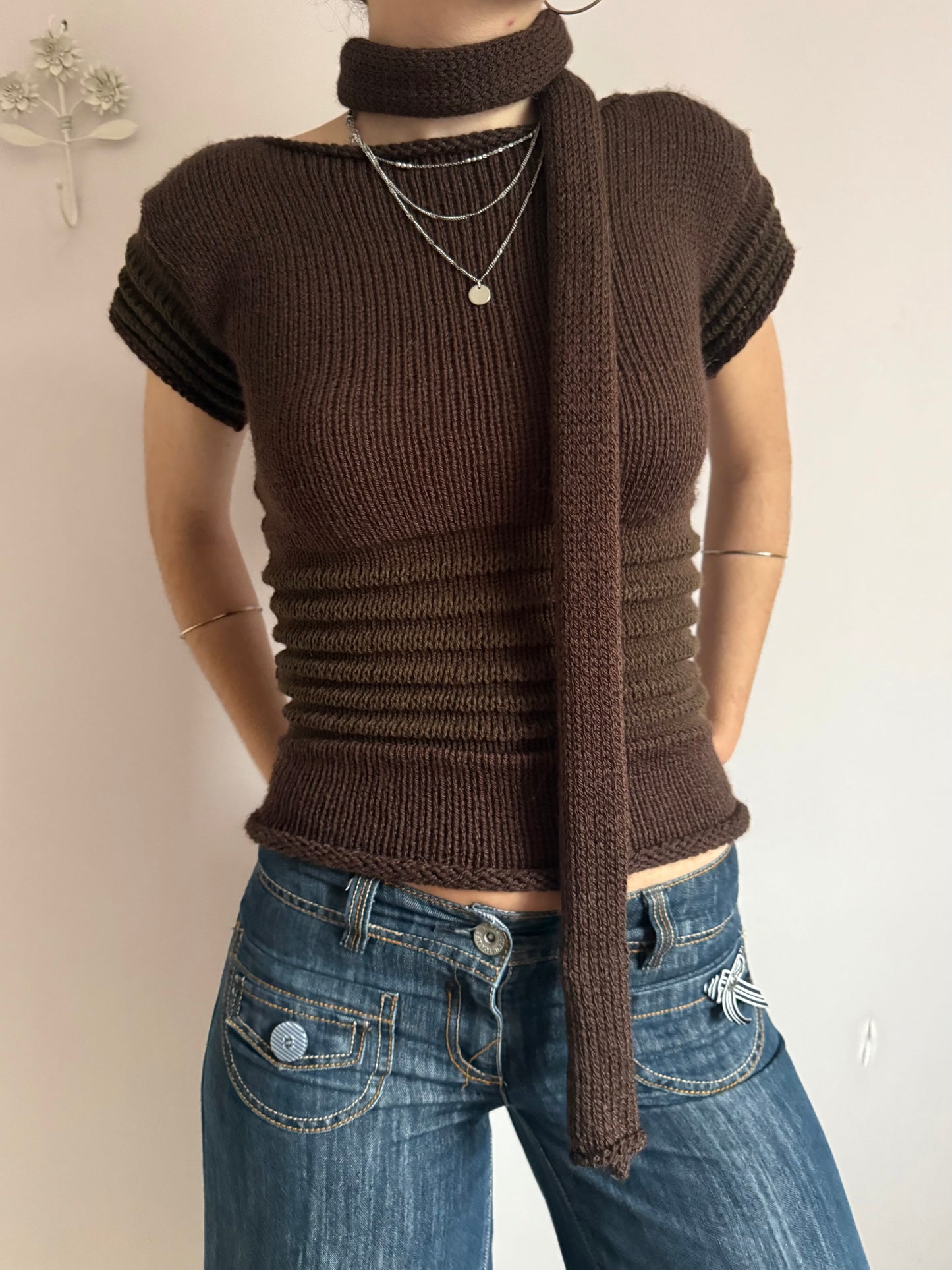 Handmade knitted skinny scarf in dark brown