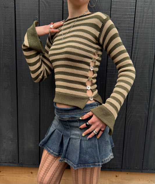 Pearl Long Sleeve in striped khaki & beige - handmade knit jumper with abalone shell buttons