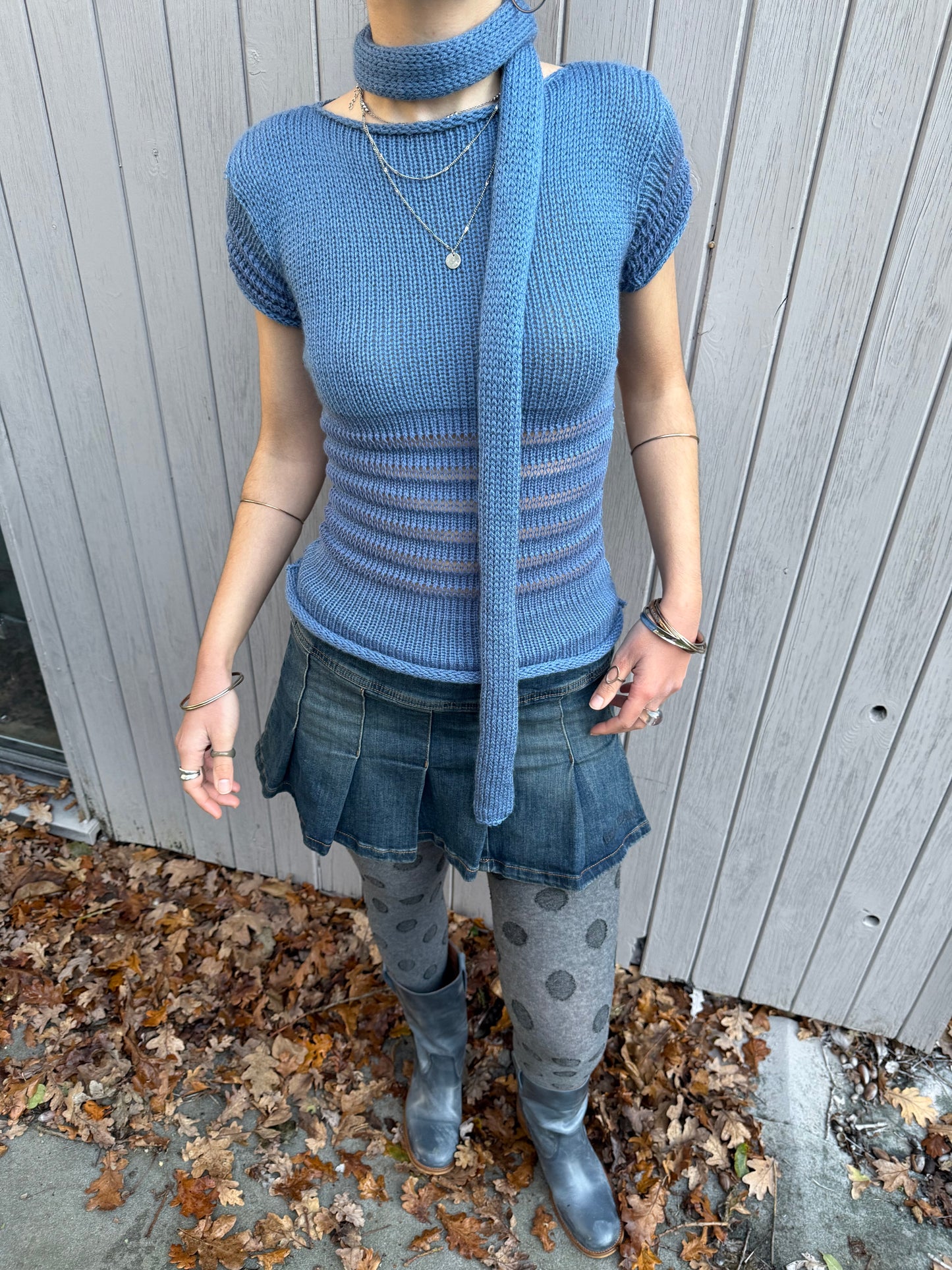 Handmade knitted skinny scarf in denim blue - pre made