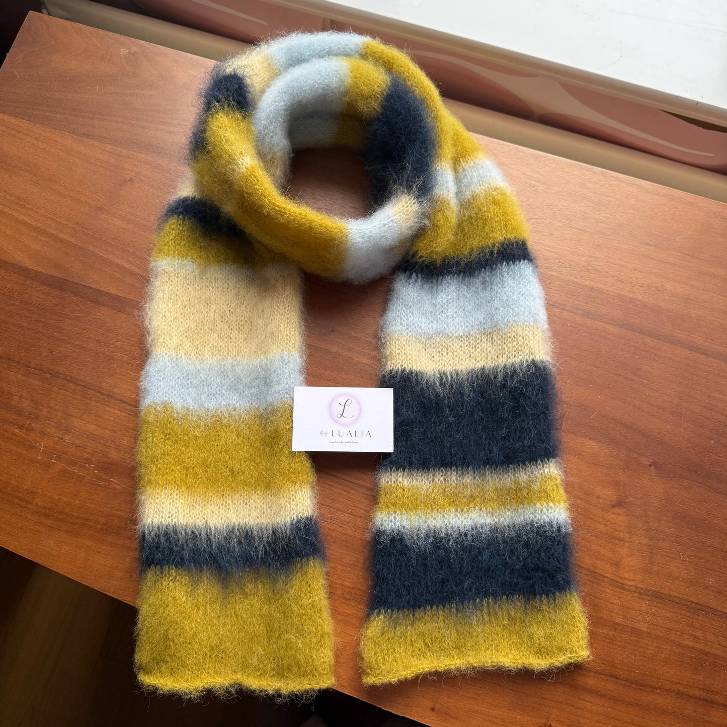 1 of 1 fluffy striped scarf - navy and chartreuse 🫐🍋‍🟩 pre made