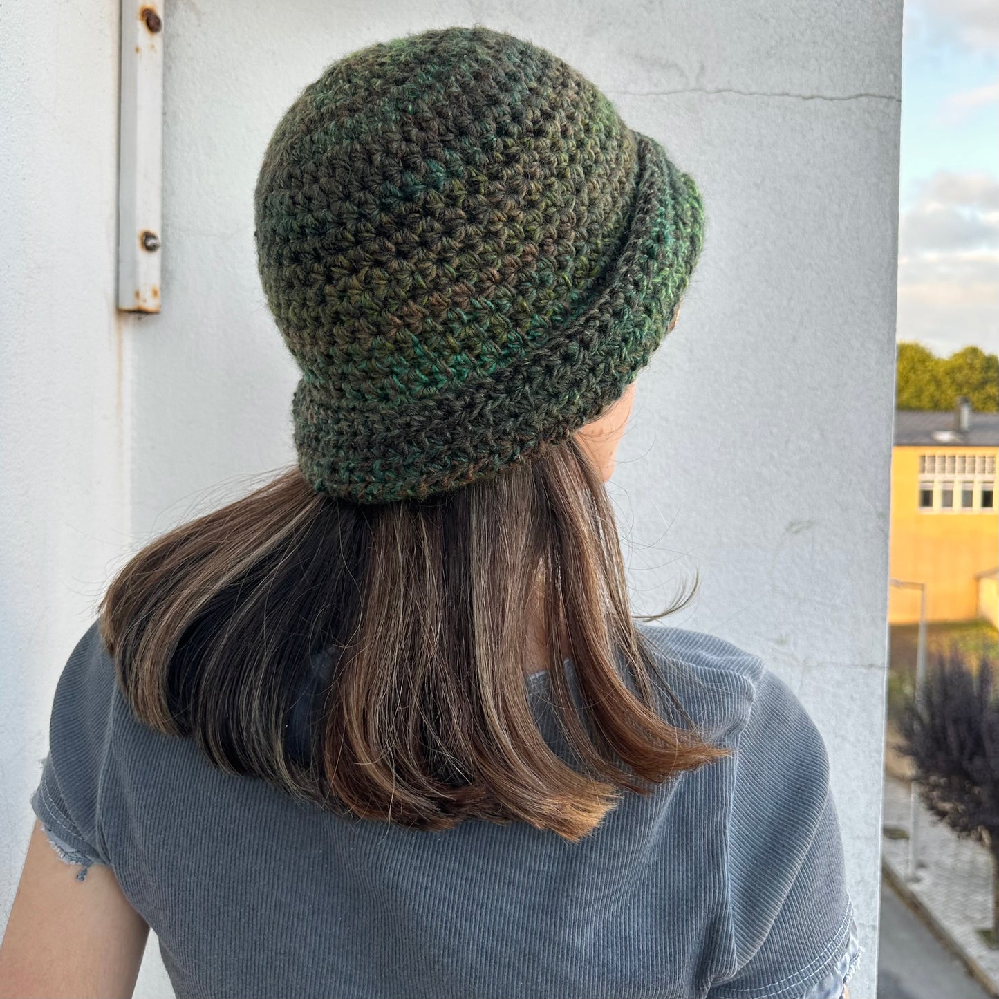 Handmade green and brown chunky ombré crochet bowler hat
