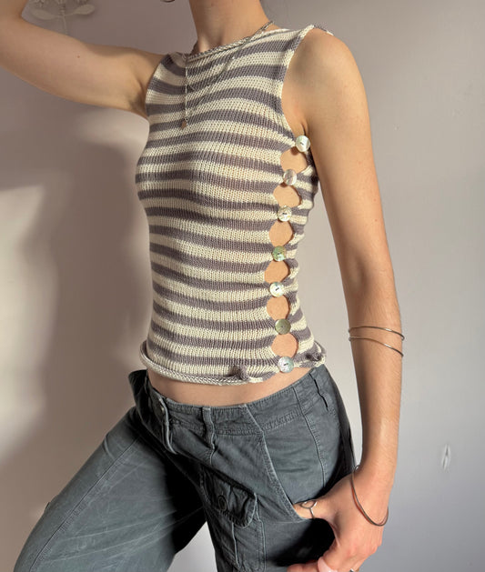 Handmade knitted Pearl Vest - light grey and cream striped (pre made in size XS-S).