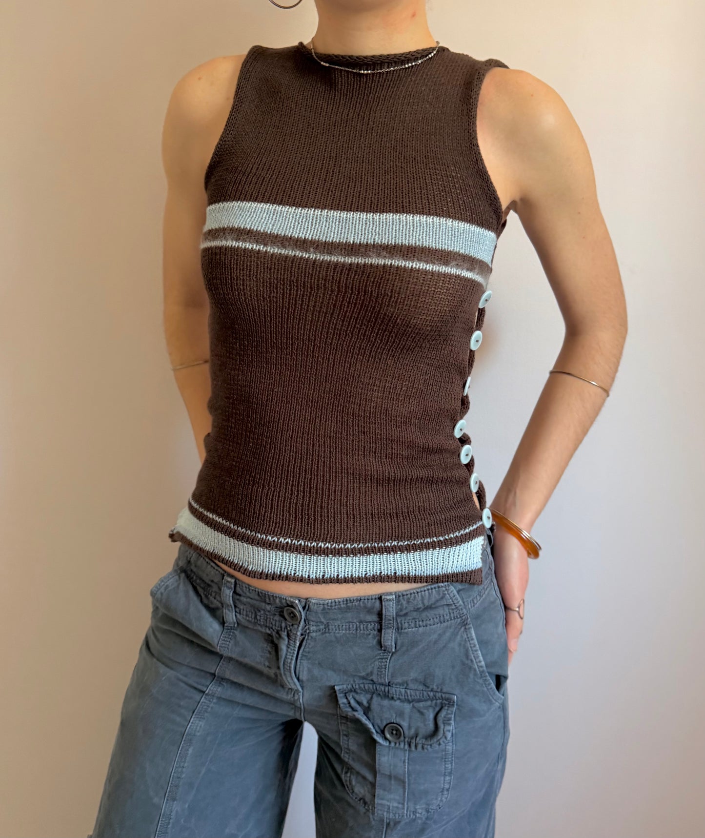 Striped Pearl Vest in brown and baby blue