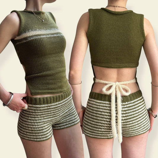 Khaki Striped Set - matching striped crochet shorts and knit vest (choose with/without bow)