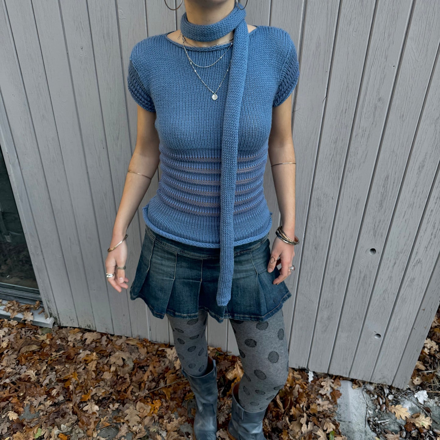 Handmade knitted skinny scarf in denim blue - pre made