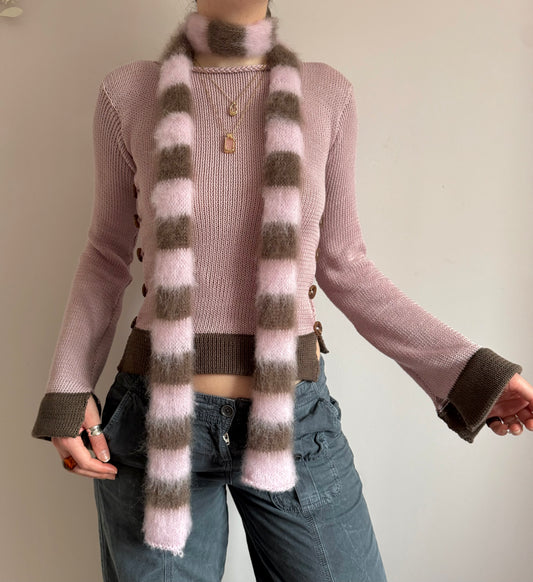 Pink and brown fluffy striped scarf - choose full width or skinny 🌸🤎 pre made