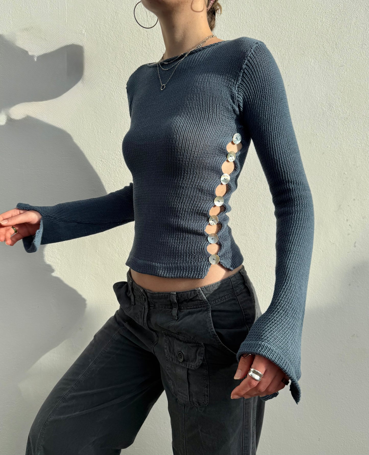 Pearl Long Sleeve in denim blue - handmade knit jumper with mother of pearl buttons