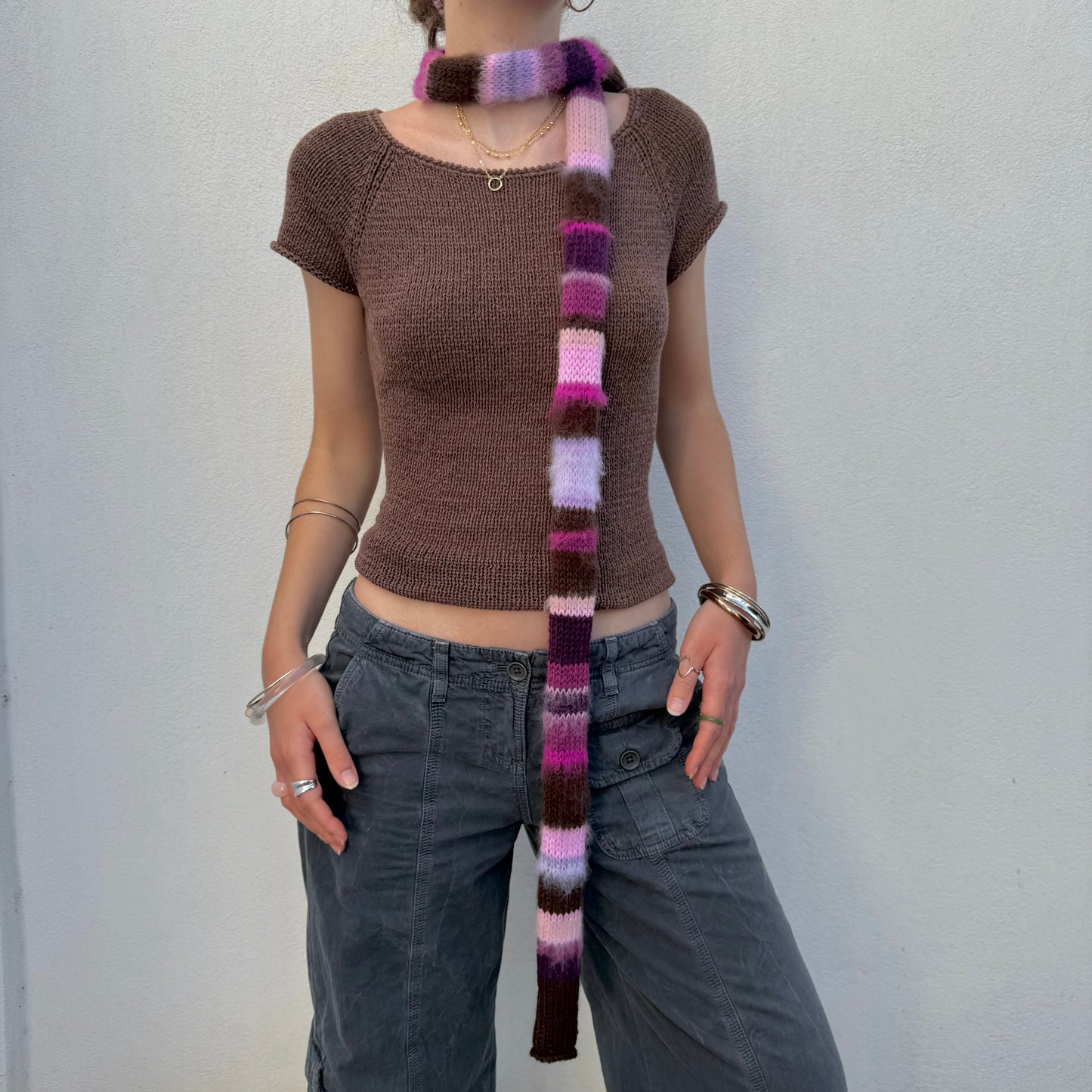 Purple, pink and brown handmade knitted mohair striped skinny scarf - pre made
