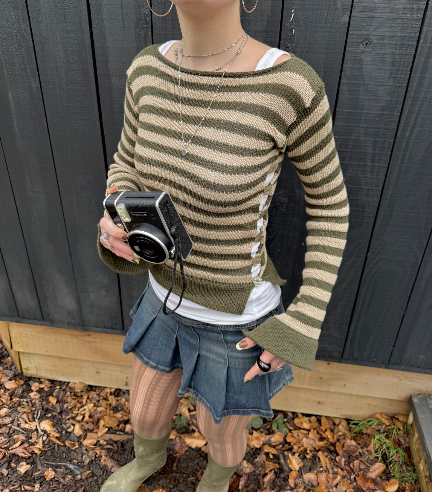 Pearl Long Sleeve in striped khaki & beige - handmade knit jumper with abalone shell buttons